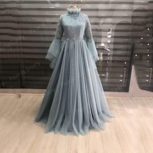 Long Sleeve Muslim Prom Dress Princess Appliques 2021 High Neckline Saudi Arabic Evening Dress Formal Party Gowns Robe De Soirée