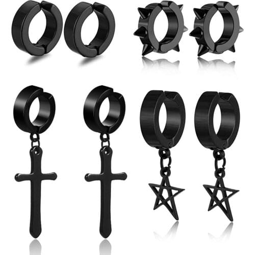 4 Pairs Silver/Black Hoop Earrings Set Stainless Steel Star Hoop Earrings Clip On Earrings for Men Women
