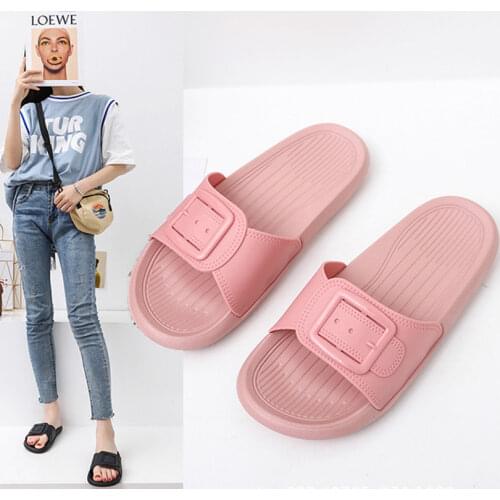 Summer Women Home Slippers Square buckle 3cm High Platform Non-slip Solid Casual Ladies Beach Sandals Female Bathroom Slippers