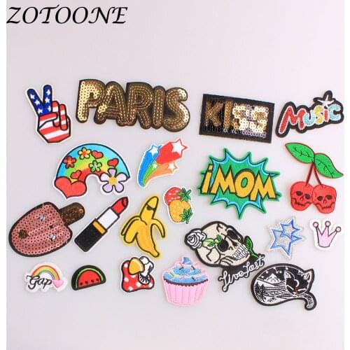 ZOTOONE Iron on Patches Letter Animal Cat Punk Skull Sequin Embroidered Patches for Clothing Flower Patch Clothes Decoration E