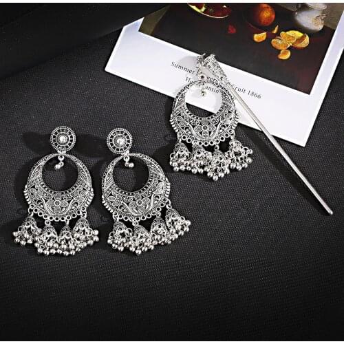 Vintage Ethnic Earrings&Hair Sticks Set Boho Accessories Women Indian Jewelry Bells For Hair Ear Rings For Girls Chinese Hairpin