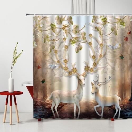 With Hooks Shower Curtain Elk Flower Bird Nordic Modern Simplicity 3D Printing Machine Washable Bathroom Partition Bath Curtains