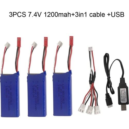 3PCS 7.4V 1200mAh Battery with USB Charger 3 in 1 Cable For YiZhan Tarantula X6 MJX X101 X102h X1 H16 WLtoys V666 V262 V353 V333