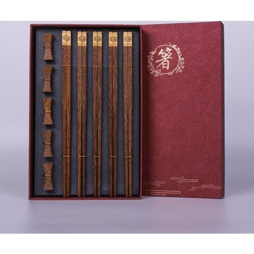 5 Pairs High Quality Premium Wooden Gift Box Packaging Household Cylindrical Natural Wenge Wooden Chopsticks Tableware Set