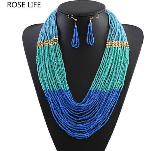 Bohemian Exaggerated Multi-layer Rice Beads Necklace Earrings Set Ethnic Style Fashion Jewelry Set Bijoux Femme Ensemble