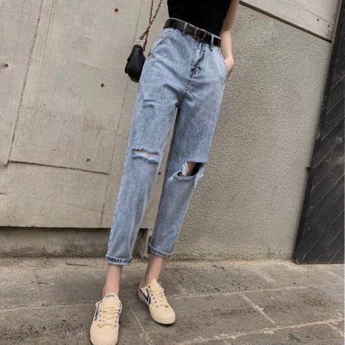 Jeans Women Ripped Solid Denim Blue Hole High Waist Womens Trouser Streetwear Harajuku Jean Female All-match Simple Korean Style