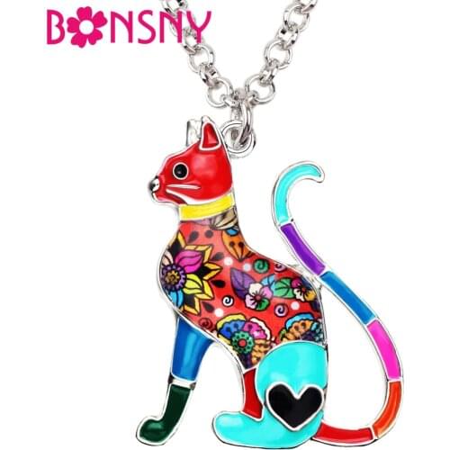 Bonsny Enamel Alloy Elegant Floral Kitten Cat Necklace Pendant Collar Fashion Animal Jewelry For Women Girl Lady Pet Lovers Gift