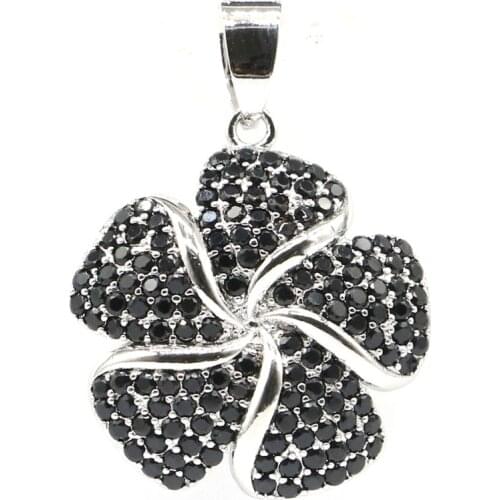 33x24mm Beautiful Flowers Shape Created Black Onyx White Cubic Zircon Tanzanite Women Wedding 925 Sterling Silver Pendant