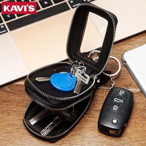 KAVIS Cowhide Leather Multi-function Key Organizer Bag Fashion Men Keychain Key Holder Case Zipper Key Card Pouch Cover Wallet