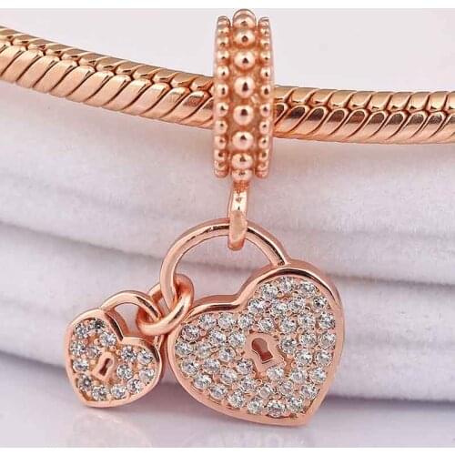 Original Rose Gold Love Heart Lock With Crystal Pendant Beads Fit 925 Sterling Silver Bead Charm Bracelet DIY Jewelry