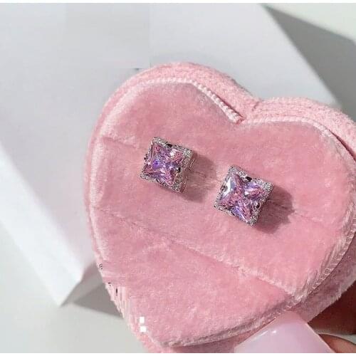 Silver Color Pink White Cubic Zirconia Fashion Jewelry Geometric Square Heart Shaped CZ Stud Earring