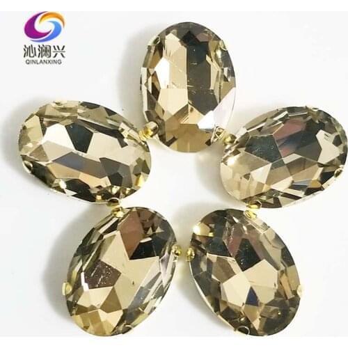 Light coffee oval shape High quality Glass Crystal sew on stones,golden bottom claw rhinestone,Diy/Clothing accessories SWTG04