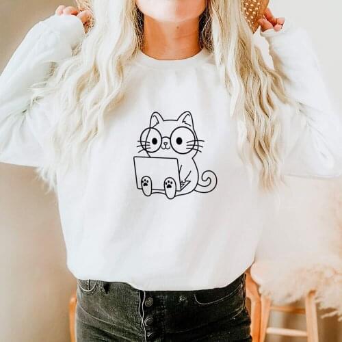 Cute Learning Cat 100%Cotton Women Sweatshirt Cat Momlife Funny Casual Autumn Winter O-Neck Long Sleeve Top Pet Lover Gift