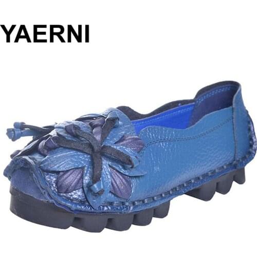 YAERNILoafers Woman Super Soft PU Leather Flats Anti-Slippy Flower Bright Color Shoes Pregnant Vintage Womens Shoes XWD3284