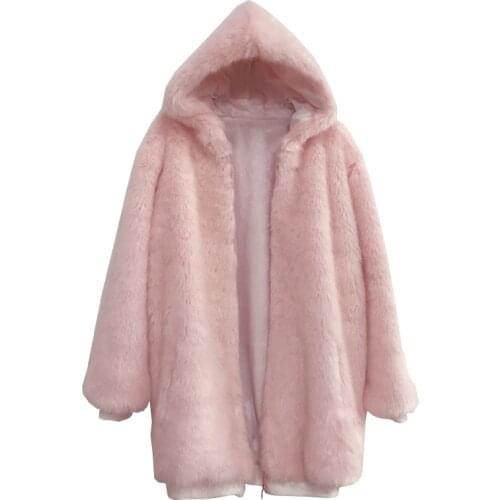 Faux Fur Coat Women 2020 Winter Fashion Pink Fur Jacket Womens Thicken Warm Rabbit Fur Coat Female Hooded Pink Fur Coat Loose