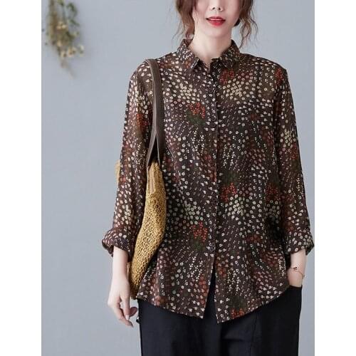 Women Cotton Linen Long Sleeve Shirts New Arrival 2021 Spring Arts Style Vintage Floral Print Loose Female Casual Tops S3737