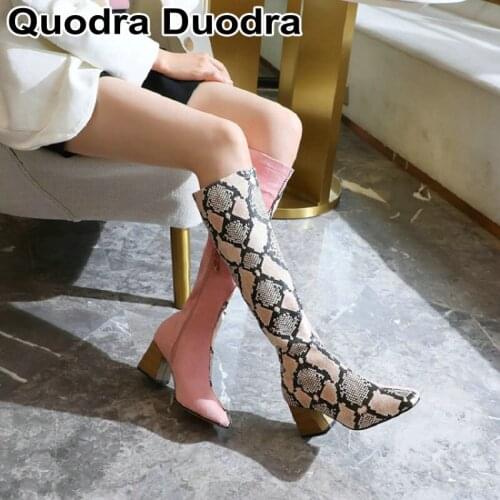 2020 new winter Women boots Warm Plush knee high zipper boots Snake Print Contrast color woman boots shoes stretch leg Plus size