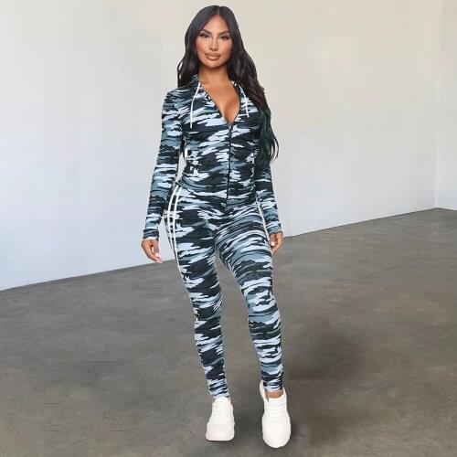 Camouflage Print Casual Two Piece Set Women Sportswear Autumn Hooded Long Sleeve Zipper Top+full-length Mid Waist Tracksuits