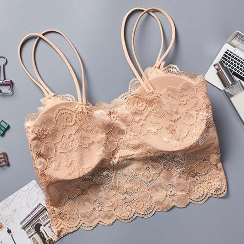 Women Sexy Bra Crop Top Lingerie Ribbon Chest Pad No Steel Rim Lace Bras Underwear Camisole Seamless Push-up Bra Wire Free Bra