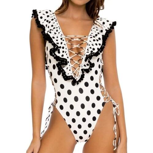 Ruffle Dot Print Swimwear Women One Piece Swimsuit 2021 Summer Bandage Female Bathing Suit Push Up Monokini Backless Beachwear