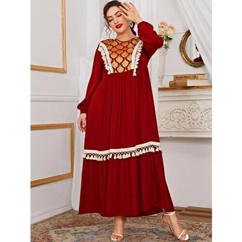 Womens Long Dress Plus Size Elegant Ethnic Embroidered Full Sleeve Loose Swing Arabic Muslim Clothes Red 2021 New