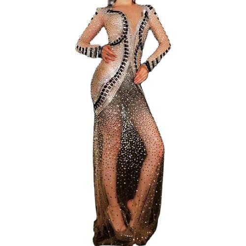 Shiny Gold Crystal Women Skinny Long Tailing Dresses Mesh Perspective Dress Evening Wedding Celebrity Outfit Nightclub Costumes