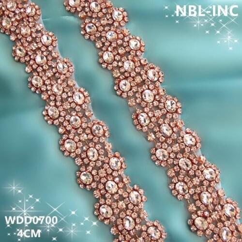 10 yards) Wholesale bridal beaded sewing rose gold crystal rhinestone applique trim iron on for wedding dress sash belt WDD0700