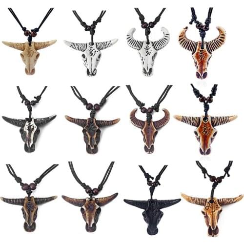 12PCS Ethnic Tribal Imitation Yak Bone Carving YOGA Symbol Bull Skull Head Pendant Necklace Jewelry 17-33inch adjustable