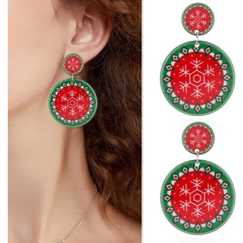 2020 New Acrylic Snowflake Print Earring Creative Round Drop Stud Earrings Christmas Party Jewelry Women Bohemia Earring Gift