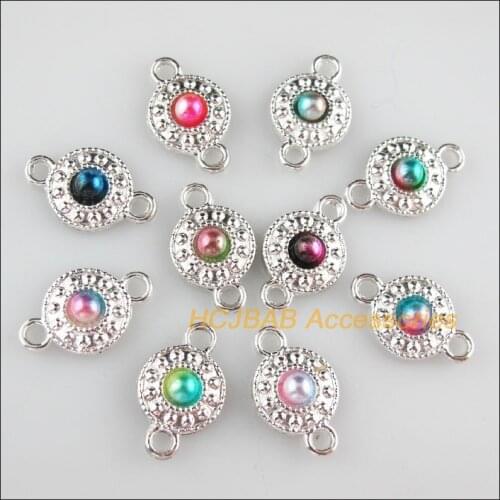 30Pcs Silver Plated Flower Mixed Acrylic Round Charms Connectors 11x18mm
