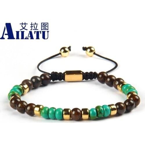 Ailatu Wholesale 10pcs/lot 6mm Bronzite Stone with Natural Green Flat Beads Macrame Bracelet for Couples Gift New Arrival
