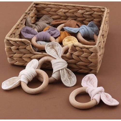 Baby Rabbit Ear Teether Safe Organic Wood Teething Ring Infant Nursing Training Montessori Toys Gift