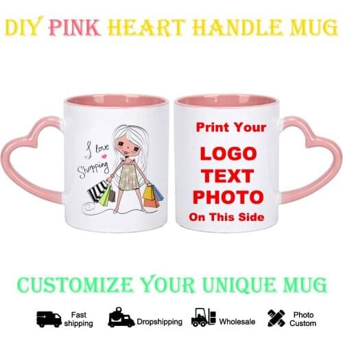DIY I love shopping Mug photo Custom cup Print logo Made Pink heart Coffee Mugs Cups Gift for Family KTDZ-RW-010-FA