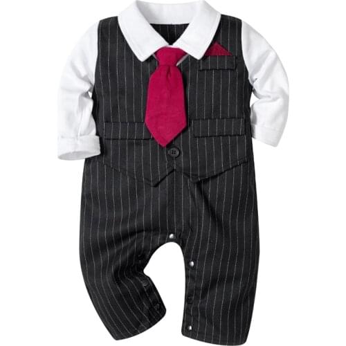 Newborn Formal Rompers Infant Baby Boys Jumpsuit Long Sleeve Clothes Black Striped Wedding Dress One Piece Big Red Tie Fall