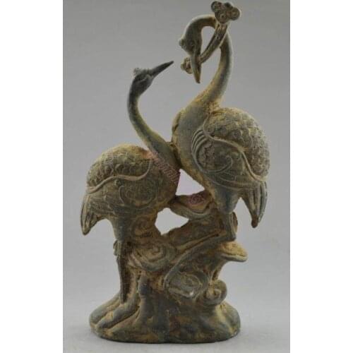 Collectible Decorated Old Handwork Bronze Carved Pair Crane On Tree Statue