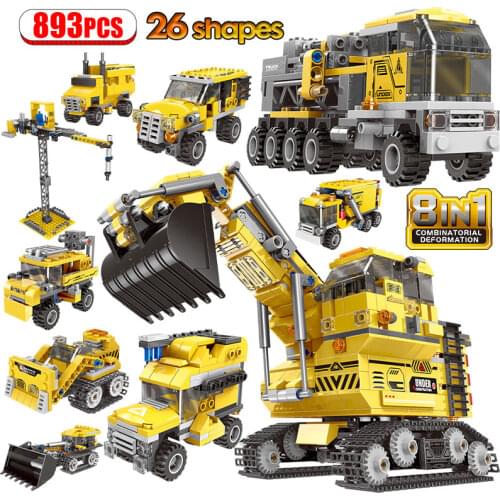 City 8 in 1 Engineering Vehicle Excavator Model Building Blocks Deformation Truck Car Tower DIY Bricks Toys for Children Gifts