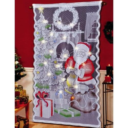 Santa Claus Print Christmas Tree Lace Curtains with Lights Snowman Door Curtains Christmas Decoration Living Room Curtain Panel