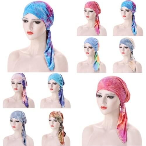 Muslim Hijabs Women Printed Blooming Hijabs Hats Turban Head Head Scarf Cap Hat Long Tail Bow Bonnet Wide Band Wrap Cap beanie