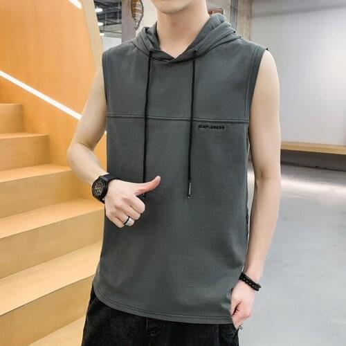 Men‘s Hooded Short Sleeves Tops100% Cotton Student Young Men Singlets Summer Personality Popular Trend String 3 Colors Optional