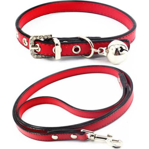 Puppy Dog Cat Collar Leash Necklace Crystal Buckle with Bell PU Leather Pet Collar Lead for Small Dogs