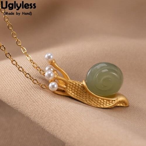 Uglyless Creative Animals Snail Pendants Necklaces for Women Natural Green Jade Pearls Snail Necklaces Real 925 Silver Jewelry