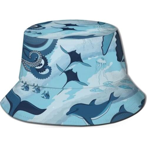 CINESSD New Fashion Bucket Hats Fisherman Caps For Women Men Gorras Summer Blue Whales And Underwater Fishes