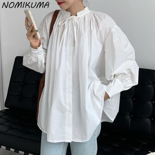 Nomikuma Chic Bow Tie Stand Neck Doll Shirt Korean Lantern Sleeve Woman Blouse 2021 Fall Fashion Blusas Top Camisas Mujer 6L557