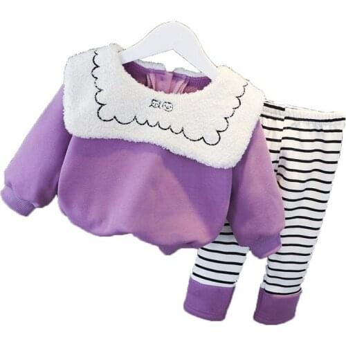99% Cotton Warm Plus Velvet Thicken Turn-Down Collar Swearshirts + Striped Pants Solid Toddler Girl Clothes Set 6 12 18 24M 3 4T