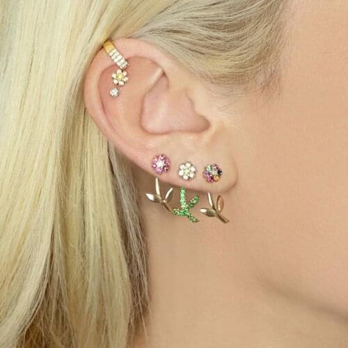2019 spring new girl women gift flower leaf Stud earring Gold color Shiny Multi green cz double sided wear trendy ladies jewelry