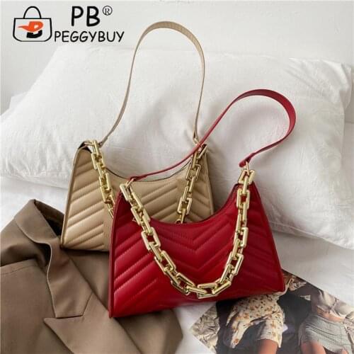 Women Pure Color PU Underarm Bag Fashion Ladies Thick Chain Small Hobos Handbags Embroidery Thread Shoulder Pouch