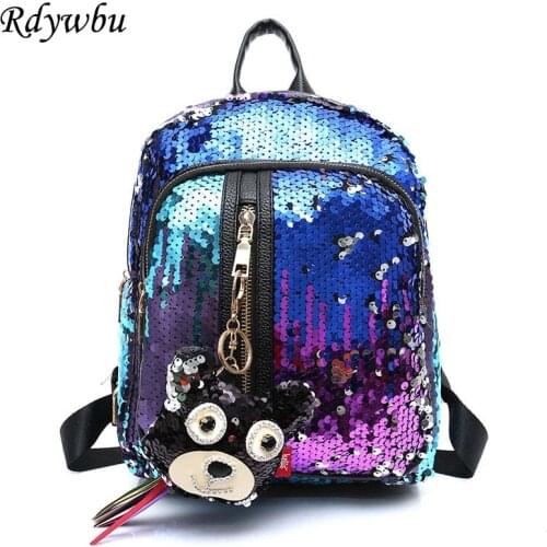 Rdywbu Womens Glitter Sequins Backpack New Teenage Girls Fashion Bling Rucksack Students Cute Pendant School Bag Mochilas B170