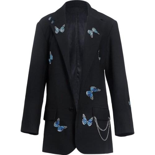 Butterfly Embroidery Women Chain Blazer Elegant Lady Notched Long Sleeve Streetwear Blazers Fashion Girls Coat