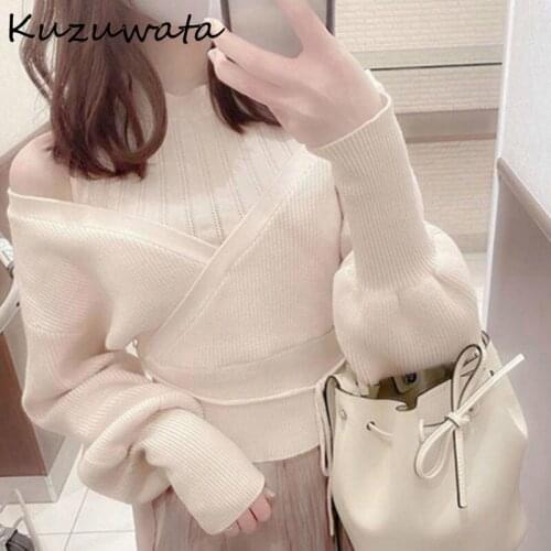 Solid Sexy Color Shoulder Strapless Women Sweaters Sweet Loose Drawstring Knitted Coat Spring Autumn New Pullovers