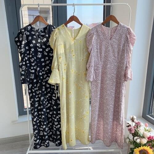 Print Drawstring Chic Women Dresses Fresh V Neck High Waist Chiffon Dress Elegant Office Lady Puff Sleeve Vestidos